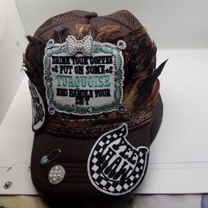 Hand Crafted Brown and Turquoise Feathered Hat